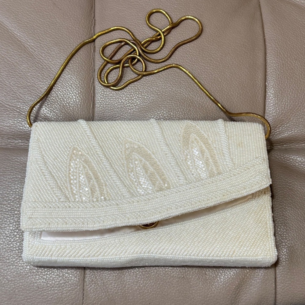 Magid Vintage Beaded Clutch White Evening Bag Gold Chain Strap NWT 2061